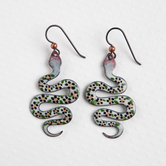 Handmade Copper Enamel Snake Earrings Reptile Rustic Nature Animal Jewelry Boho - Picture 1 of 9